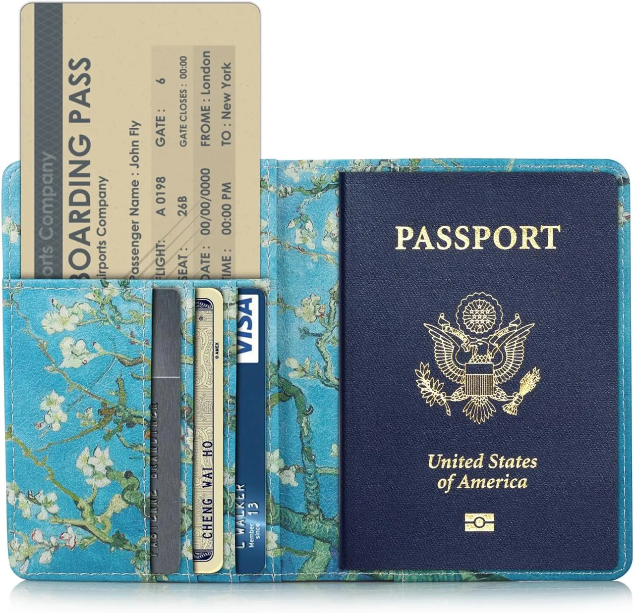 Passport Holder, Slim Travel Wallet RFID Blocking Card Case Passport Cover Protector Travel Essentials with Credit Card Slots Pockets for Women/Men, Almond Blossom Tree