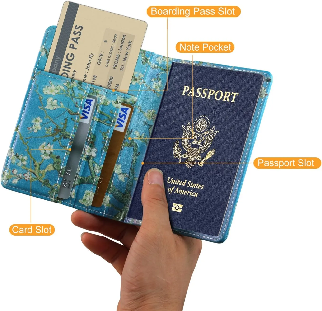 Passport Holder, Slim Travel Wallet RFID Blocking Card Case Passport Cover Protector Travel Essentials with Credit Card Slots Pockets for Women/Men, Almond Blossom Tree