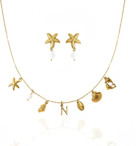 Pearl Gold Pendant Jewelry Bubble Letter Charm gold pendant Necklace Gold Initial Sea Shell Necklaces for Women Starfish Pearl Earrings for Women Trendy Beach Boho 18K Gold Plating Jewelry set A-Z Letter Gold Chain surf
