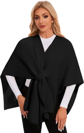 PULI Womens Rib Open Front Shawl Wraps Chunky Knit Ponchos Sweater Travel Scarf Elegant Capes Cardigan for Fall Winter