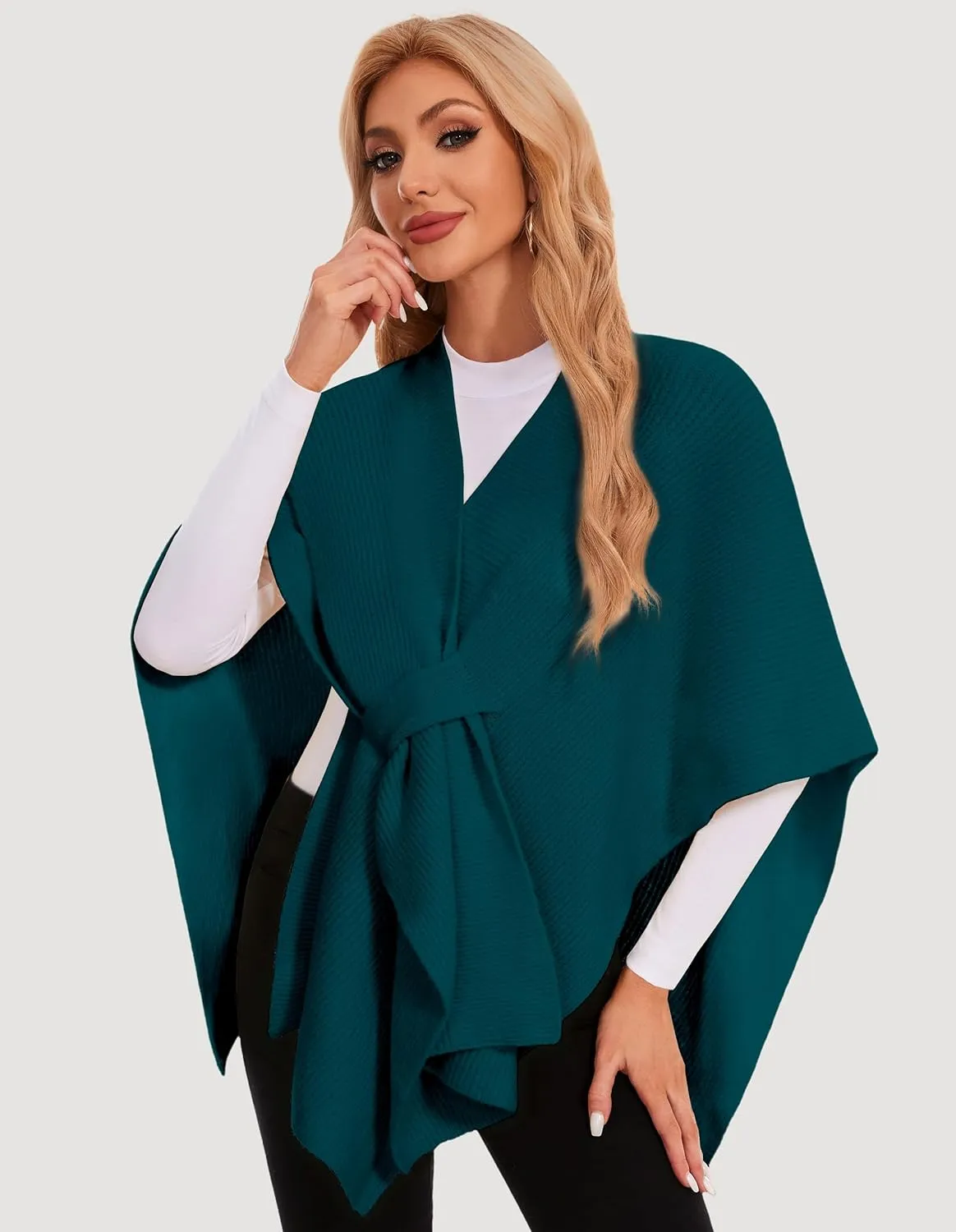 PULI Womens Rib Open Front Shawl Wraps Chunky Knit Ponchos Sweater Travel Scarf Elegant Capes Cardigan for Fall Winter
