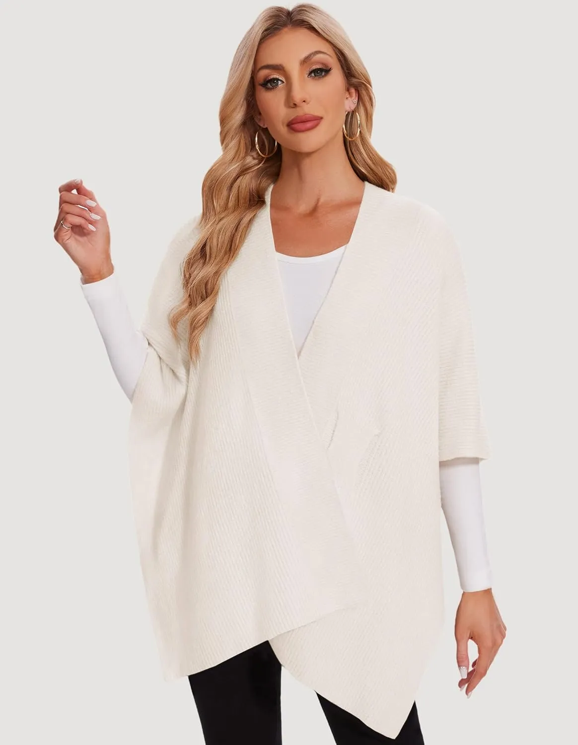 PULI Womens Rib Open Front Shawl Wraps Chunky Knit Ponchos Sweater Travel Scarf Elegant Capes Cardigan for Fall Winter