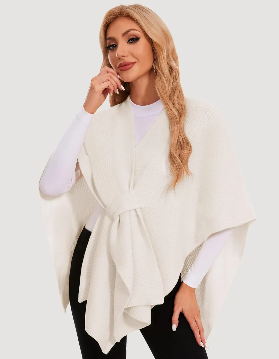 PULI Womens Rib Open Front Shawl Wraps Chunky Knit Ponchos Sweater Travel Scarf Elegant Capes Cardigan for Fall Winter