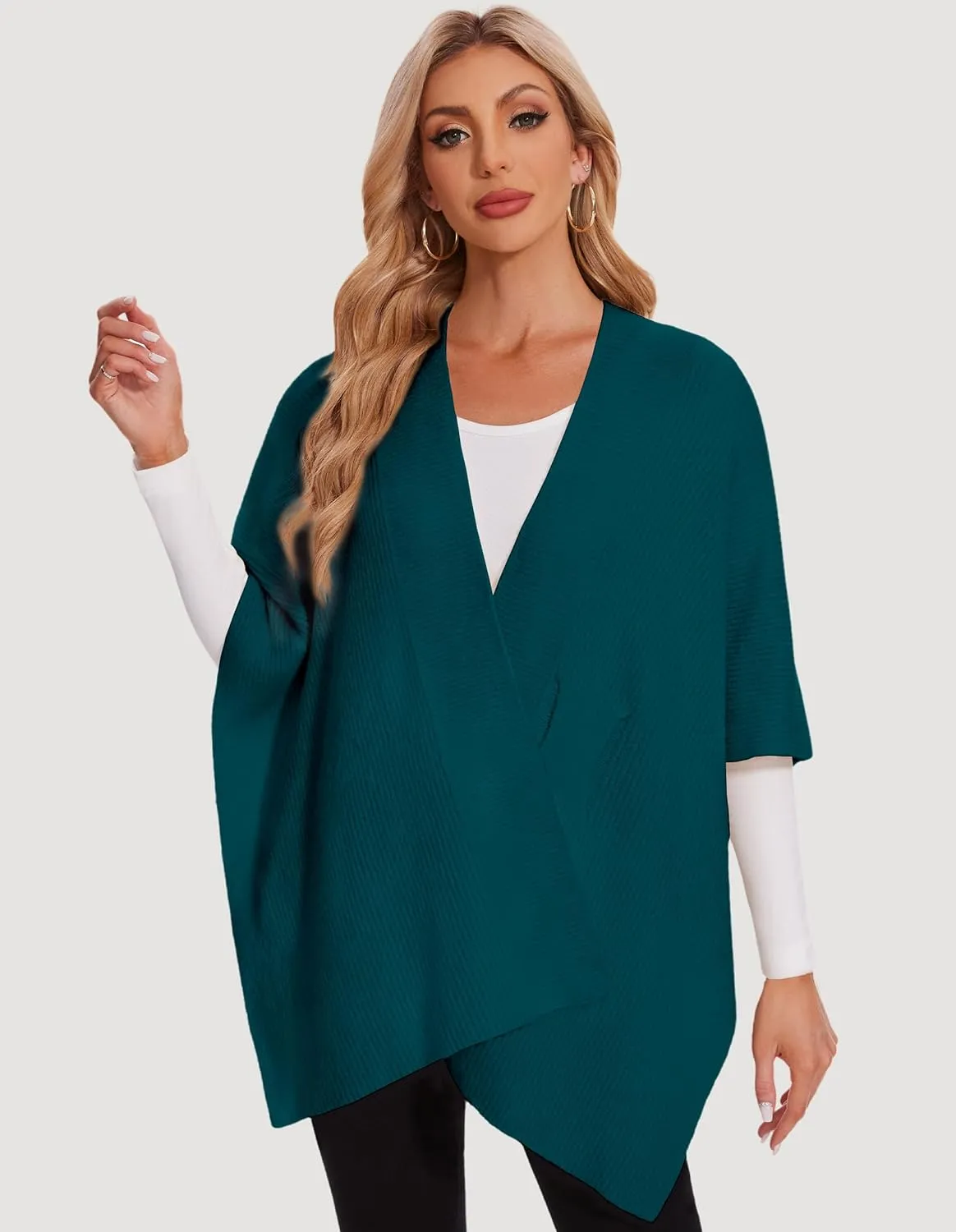 PULI Womens Rib Open Front Shawl Wraps Chunky Knit Ponchos Sweater Travel Scarf Elegant Capes Cardigan for Fall Winter
