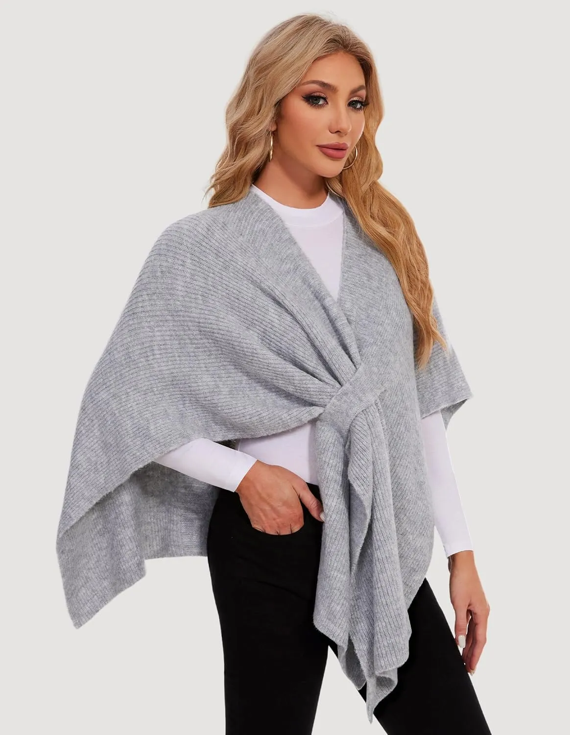 PULI Womens Rib Open Front Shawl Wraps Chunky Knit Ponchos Sweater Travel Scarf Elegant Capes Cardigan for Fall Winter