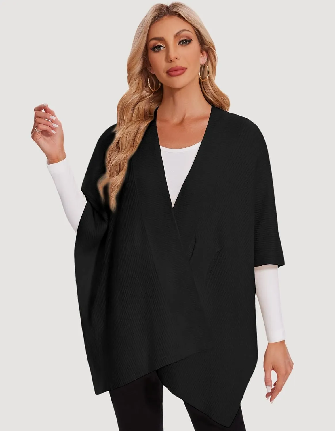 PULI Womens Rib Open Front Shawl Wraps Chunky Knit Ponchos Sweater Travel Scarf Elegant Capes Cardigan for Fall Winter