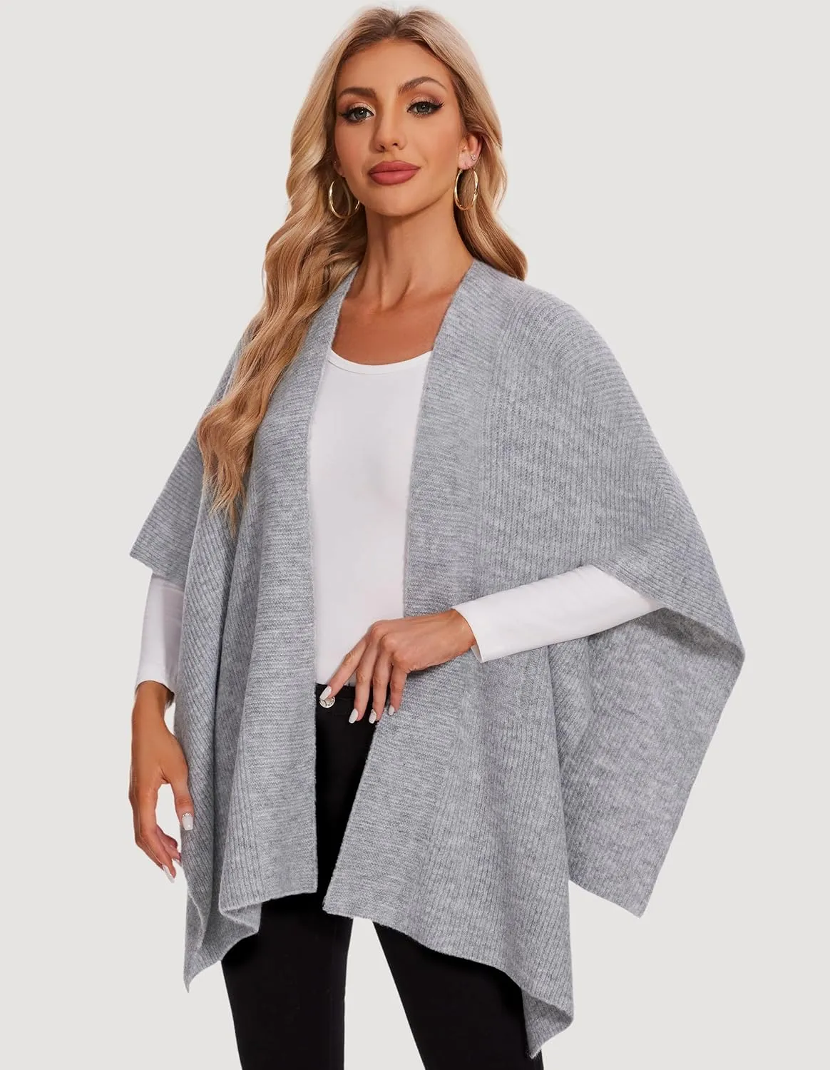 PULI Womens Rib Open Front Shawl Wraps Chunky Knit Ponchos Sweater Travel Scarf Elegant Capes Cardigan for Fall Winter