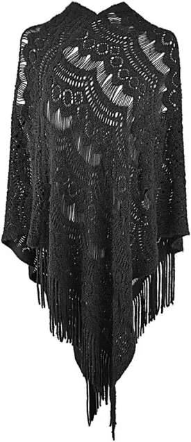 QZUnique Women's Knitted Tassel Shawl Asymmetric Hem Poncho Fringed Pullover Sweater Solid Color Cowl Neck Top Coat Wrap Cape