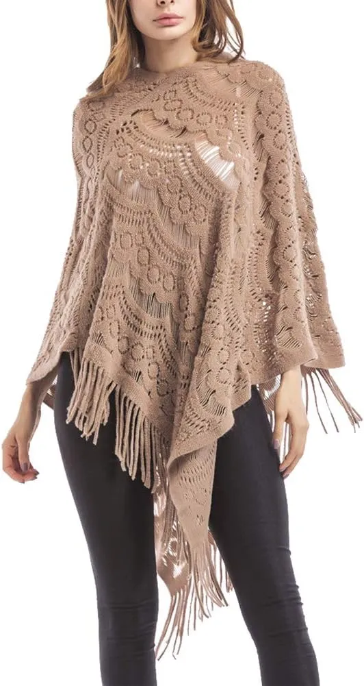 QZUnique Women's Knitted Tassel Shawl Asymmetric Hem Poncho Fringed Pullover Sweater Solid Color Cowl Neck Top Coat Wrap Cape