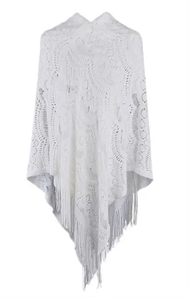 QZUnique Women's Knitted Tassel Shawl Asymmetric Hem Poncho Fringed Pullover Sweater Solid Color Cowl Neck Top Coat Wrap Cape