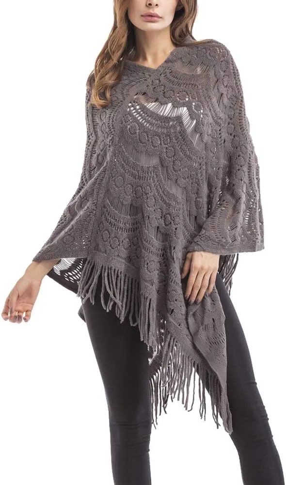 QZUnique Women's Knitted Tassel Shawl Asymmetric Hem Poncho Fringed Pullover Sweater Solid Color Cowl Neck Top Coat Wrap Cape