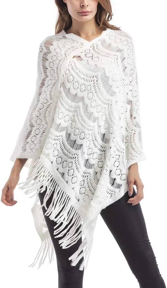 QZUnique Women's Knitted Tassel Shawl Asymmetric Hem Poncho Fringed Pullover Sweater Solid Color Cowl Neck Top Coat Wrap Cape