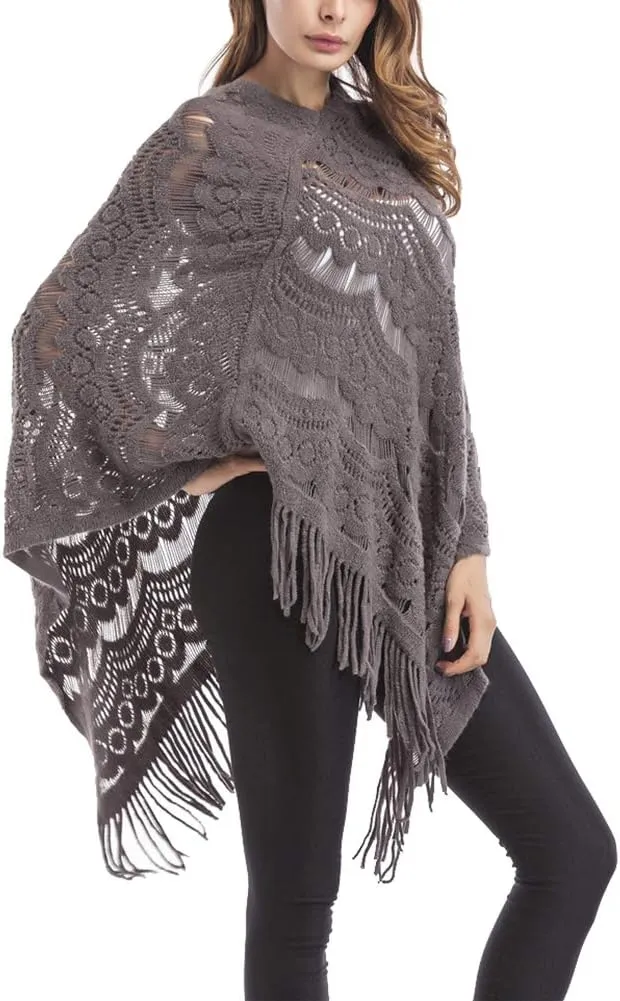 QZUnique Women's Knitted Tassel Shawl Asymmetric Hem Poncho Fringed Pullover Sweater Solid Color Cowl Neck Top Coat Wrap Cape
