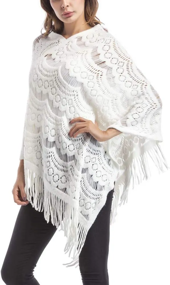 QZUnique Women's Knitted Tassel Shawl Asymmetric Hem Poncho Fringed Pullover Sweater Solid Color Cowl Neck Top Coat Wrap Cape