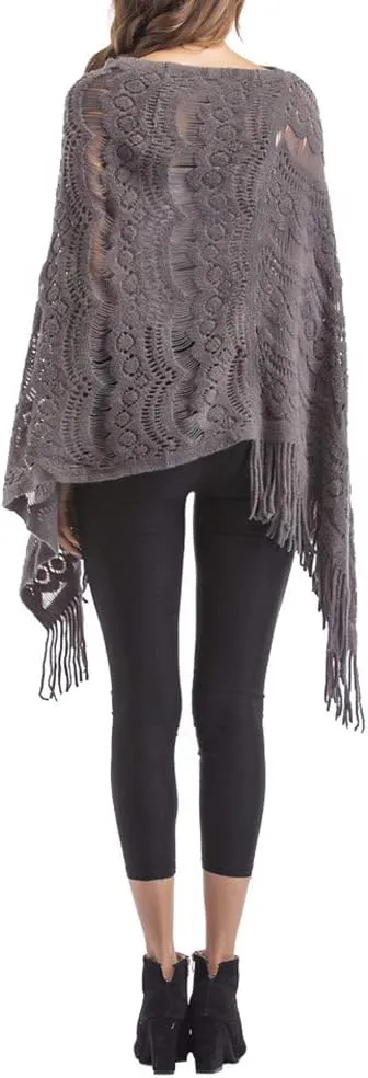 QZUnique Women's Knitted Tassel Shawl Asymmetric Hem Poncho Fringed Pullover Sweater Solid Color Cowl Neck Top Coat Wrap Cape