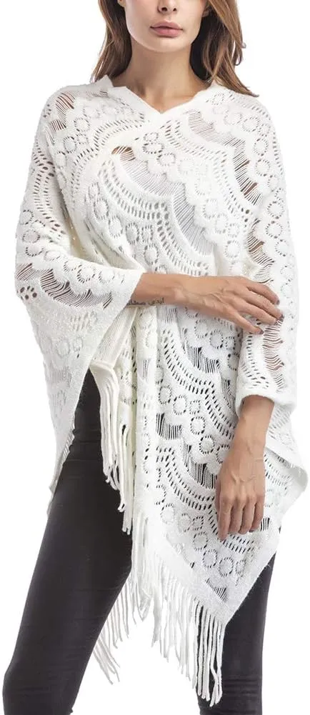 QZUnique Women's Knitted Tassel Shawl Asymmetric Hem Poncho Fringed Pullover Sweater Solid Color Cowl Neck Top Coat Wrap Cape