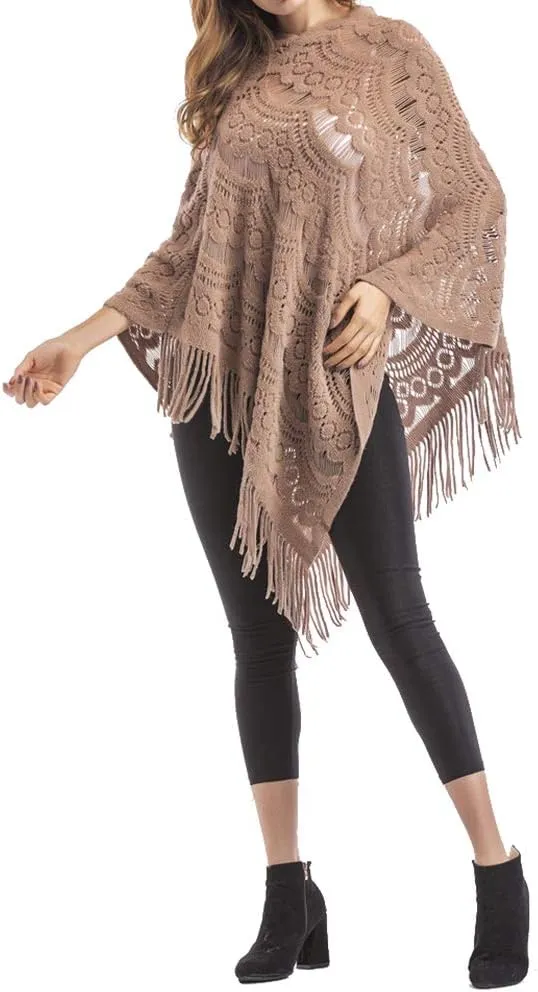 QZUnique Women's Knitted Tassel Shawl Asymmetric Hem Poncho Fringed Pullover Sweater Solid Color Cowl Neck Top Coat Wrap Cape