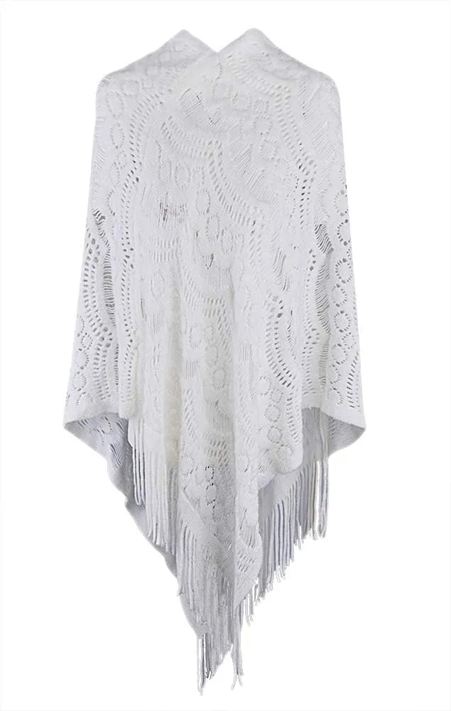 QZUnique Women's Knitted Tassel Shawl Asymmetric Hem Poncho Fringed Pullover Sweater Solid Color Cowl Neck Top Coat Wrap Cape