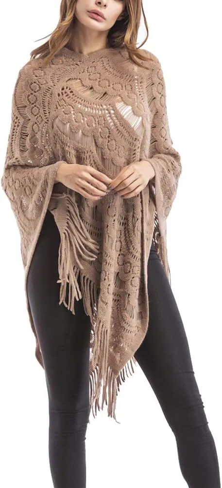 QZUnique Women's Knitted Tassel Shawl Asymmetric Hem Poncho Fringed Pullover Sweater Solid Color Cowl Neck Top Coat Wrap Cape