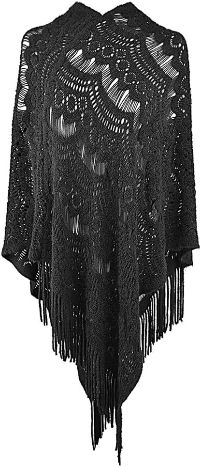 QZUnique Women's Knitted Tassel Shawl Asymmetric Hem Poncho Fringed Pullover Sweater Solid Color Cowl Neck Top Coat Wrap Cape