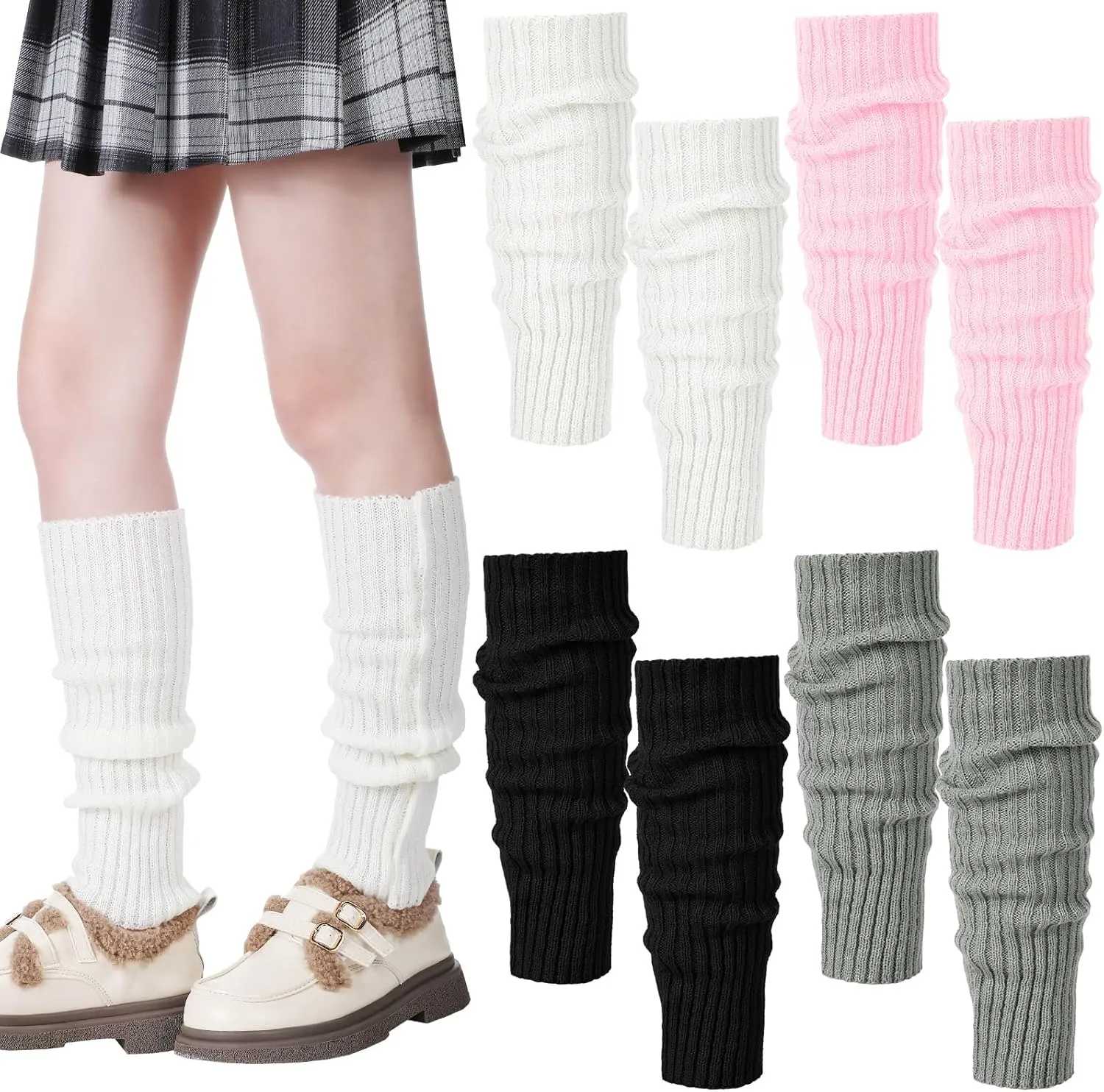 Ramede 4 Pairs Leg Warmers for Girls Kawaii Loose Knitted Leg Warmers Wool Ball Cute Women Lolita Costume