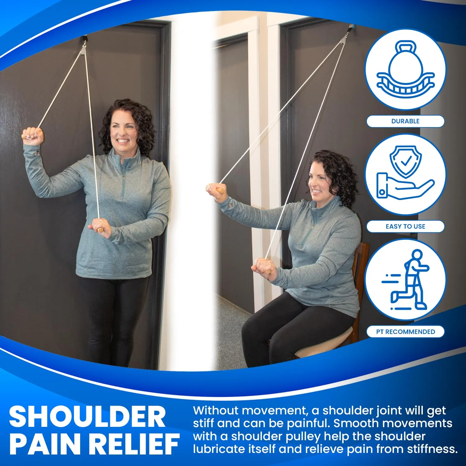 RangeMaster Econo Ranger Shoulder Pulley  Physical Therapy Exercises  Aids in Recovery and Rehabilitation  Increases Mobility  Wooden Handles for Comfort  Metal Bracket Door Attachment