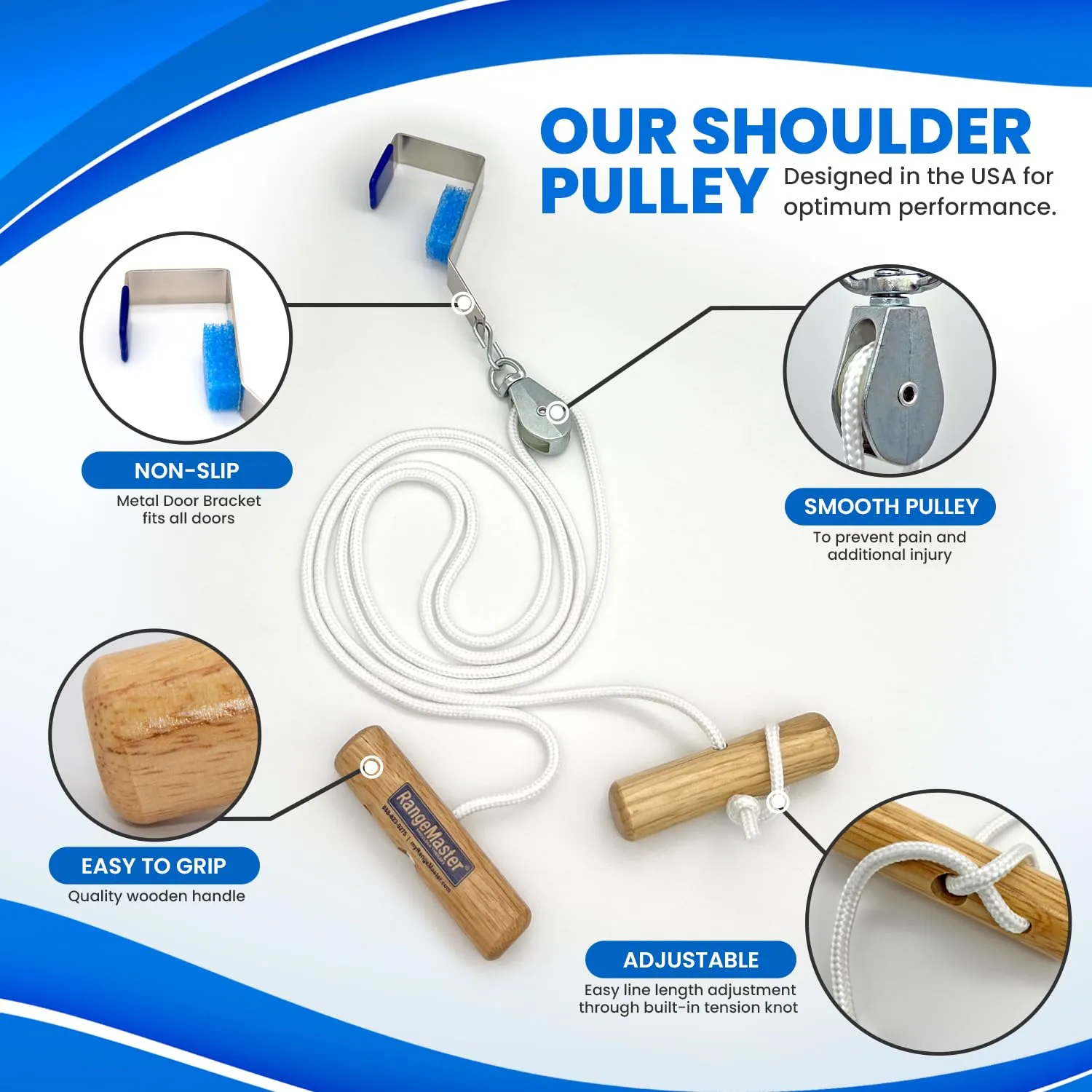 RangeMaster Econo Ranger Shoulder Pulley  Physical Therapy Exercises  Aids in Recovery and Rehabilitation  Increases Mobility  Wooden Handles for Comfort  Metal Bracket Door Attachment