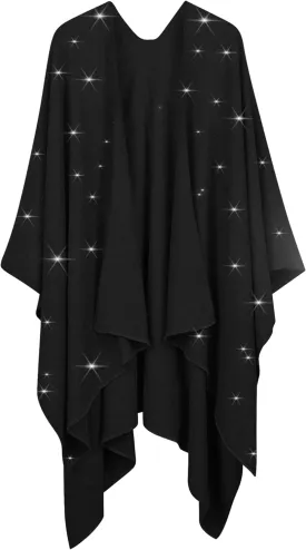 REEMONDE Womens Rhinestones Open Front Poncho Shawl Wrap Cape Ruana Travel Blanket Cardigan