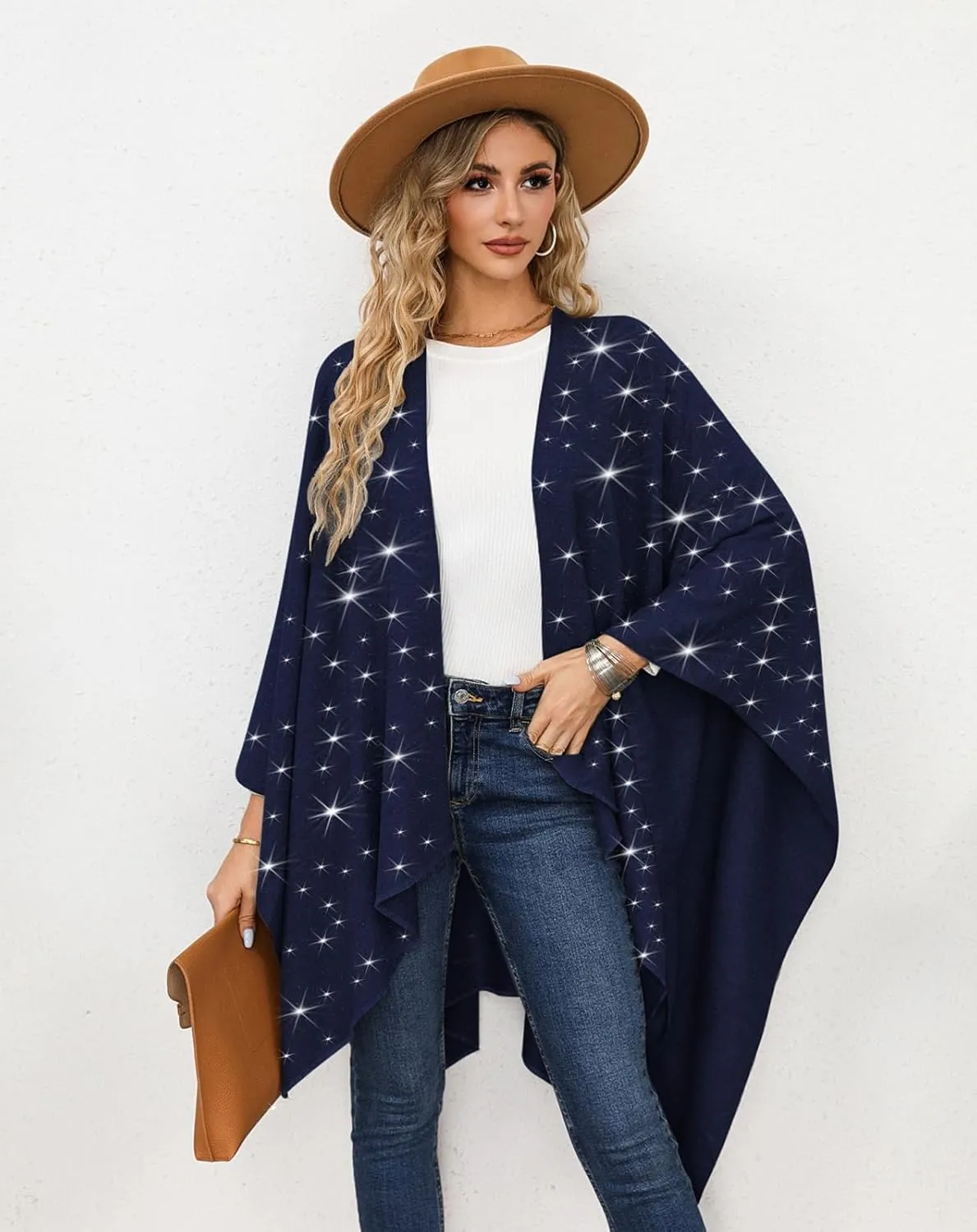 REEMONDE Womens Rhinestones Open Front Poncho Shawl Wrap Cape Ruana Travel Blanket Cardigan