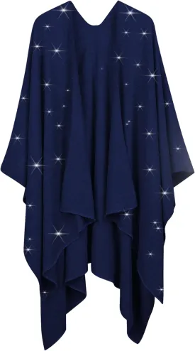 REEMONDE Womens Rhinestones Open Front Poncho Shawl Wrap Cape Ruana Travel Blanket Cardigan