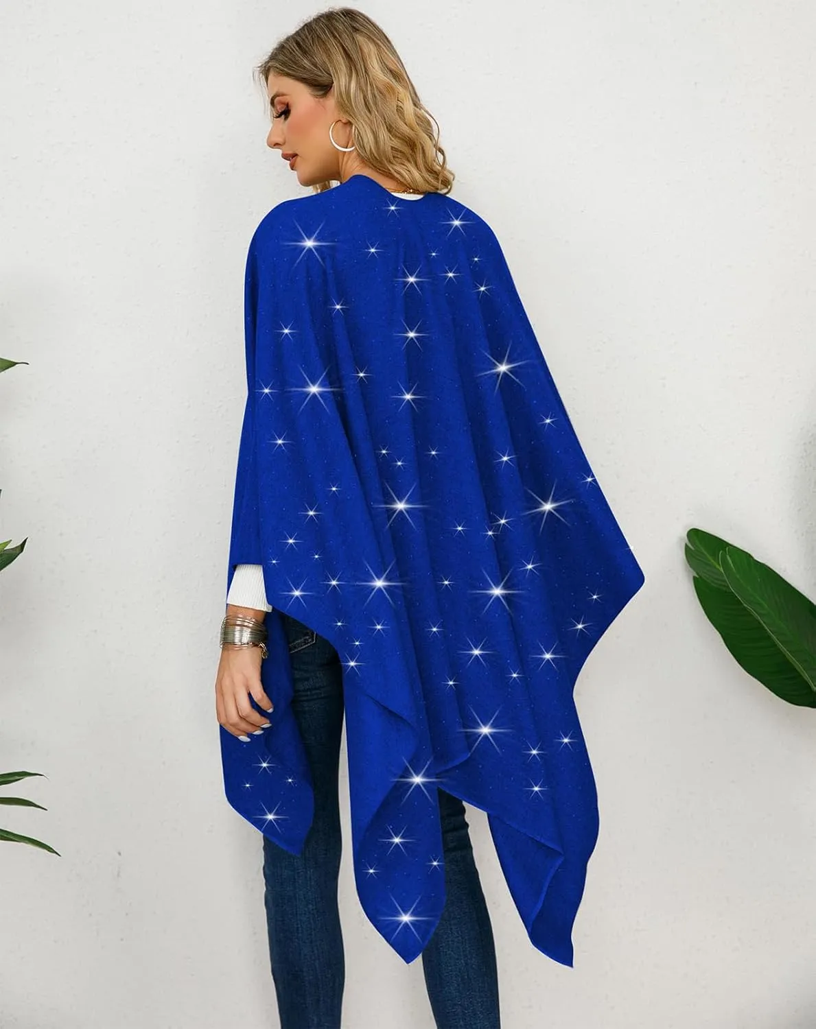 REEMONDE Womens Rhinestones Open Front Poncho Shawl Wrap Cape Ruana Travel Blanket Cardigan
