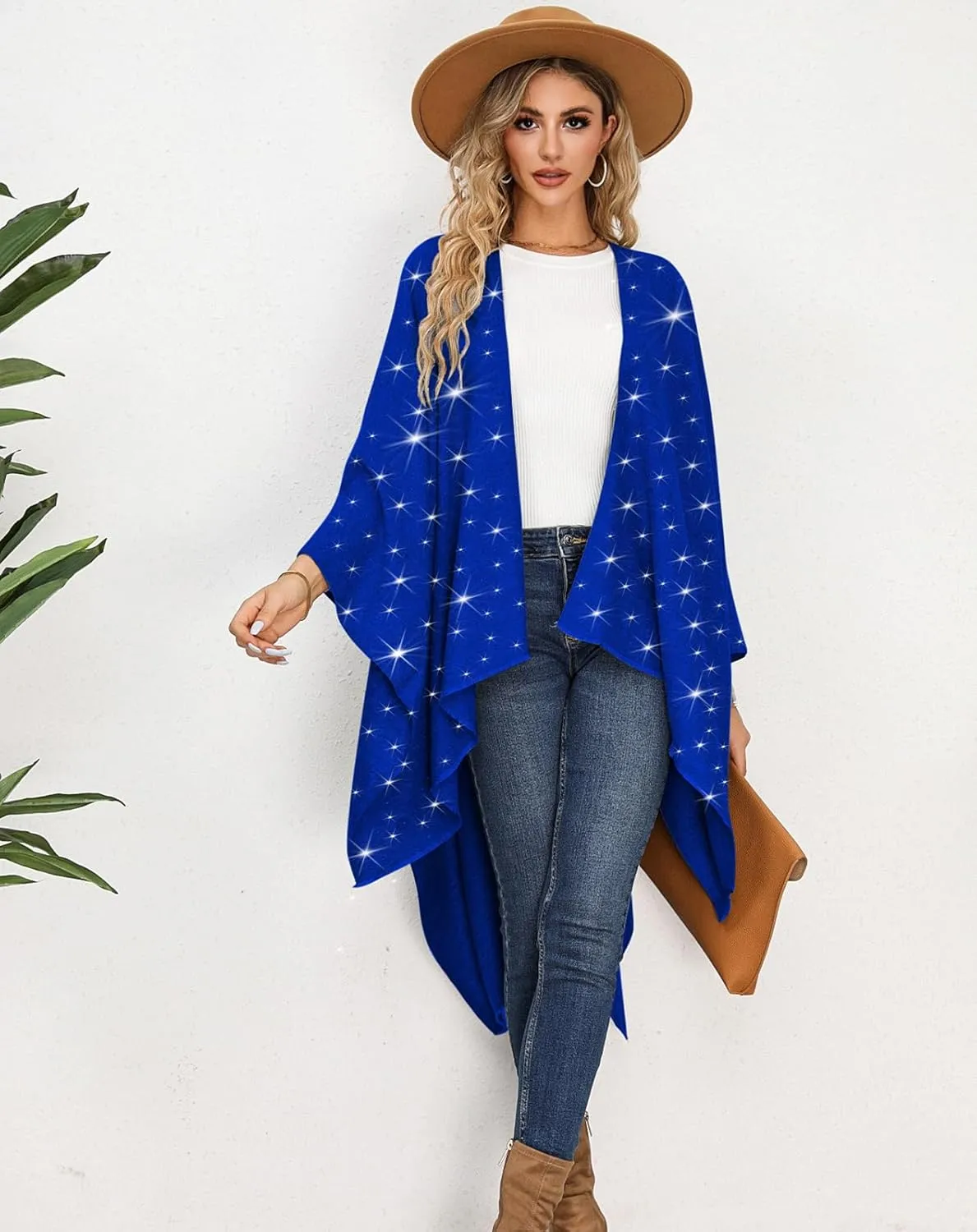 REEMONDE Womens Rhinestones Open Front Poncho Shawl Wrap Cape Ruana Travel Blanket Cardigan