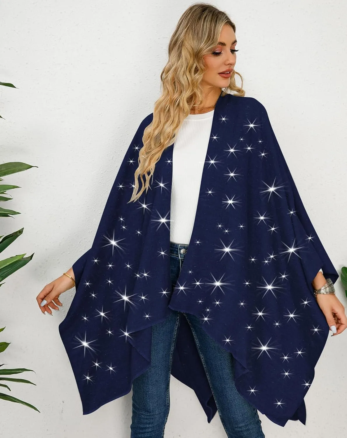 REEMONDE Womens Rhinestones Open Front Poncho Shawl Wrap Cape Ruana Travel Blanket Cardigan