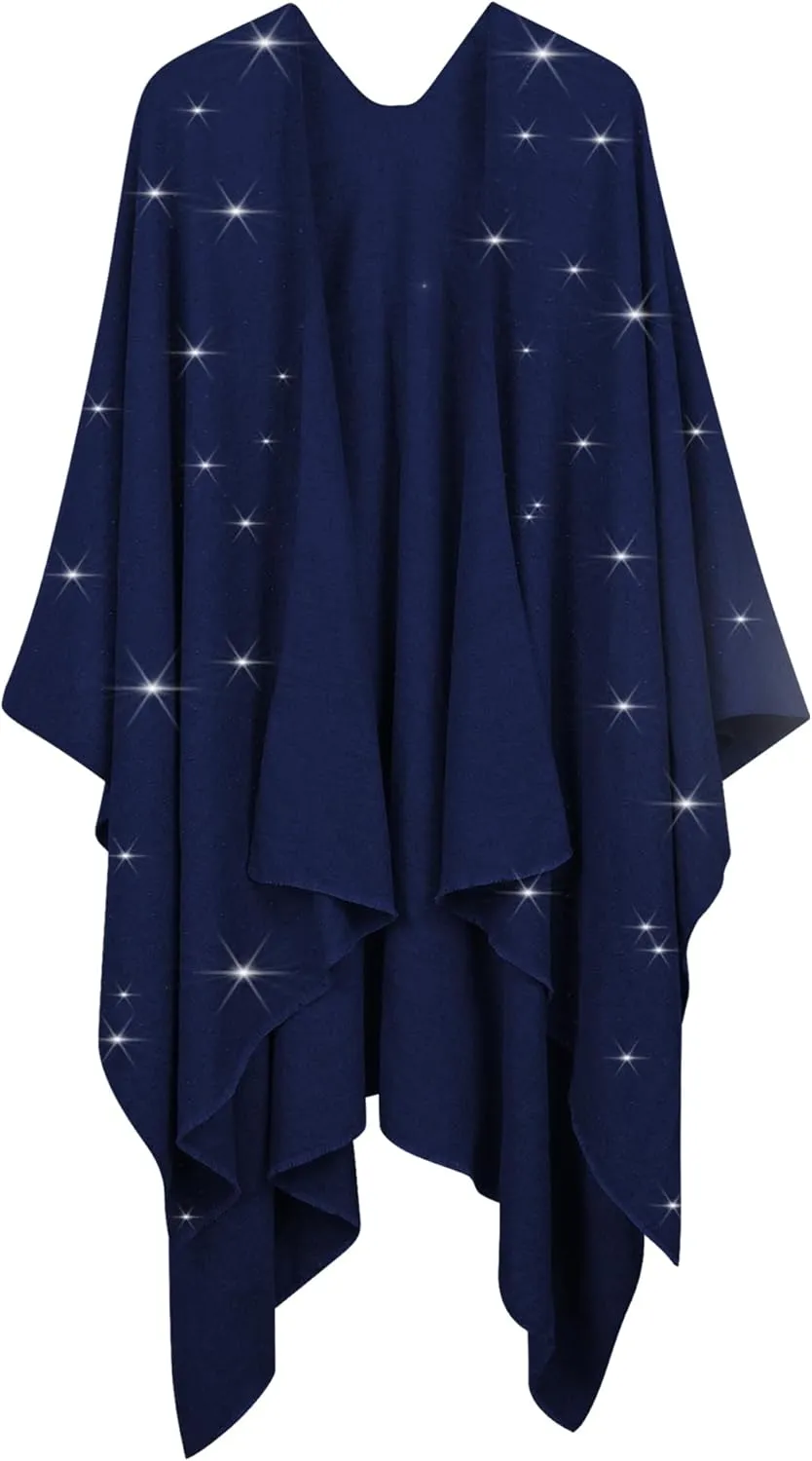 REEMONDE Womens Rhinestones Open Front Poncho Shawl Wrap Cape Ruana Travel Blanket Cardigan