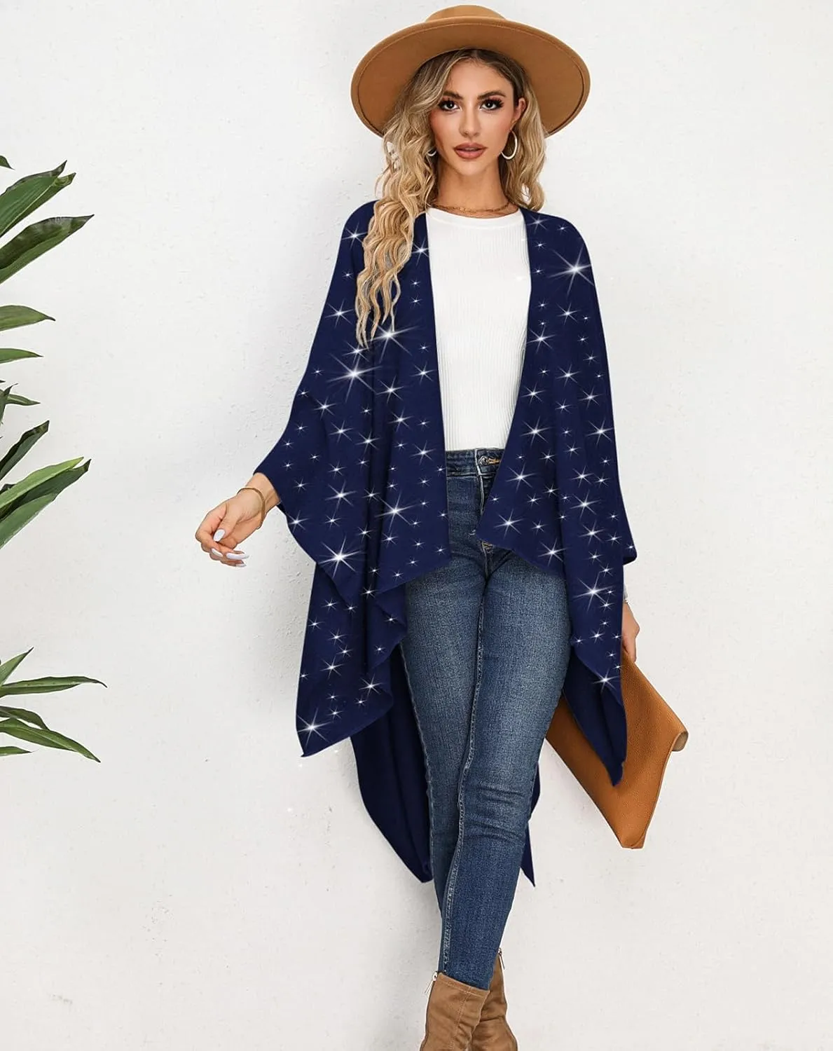 REEMONDE Womens Rhinestones Open Front Poncho Shawl Wrap Cape Ruana Travel Blanket Cardigan