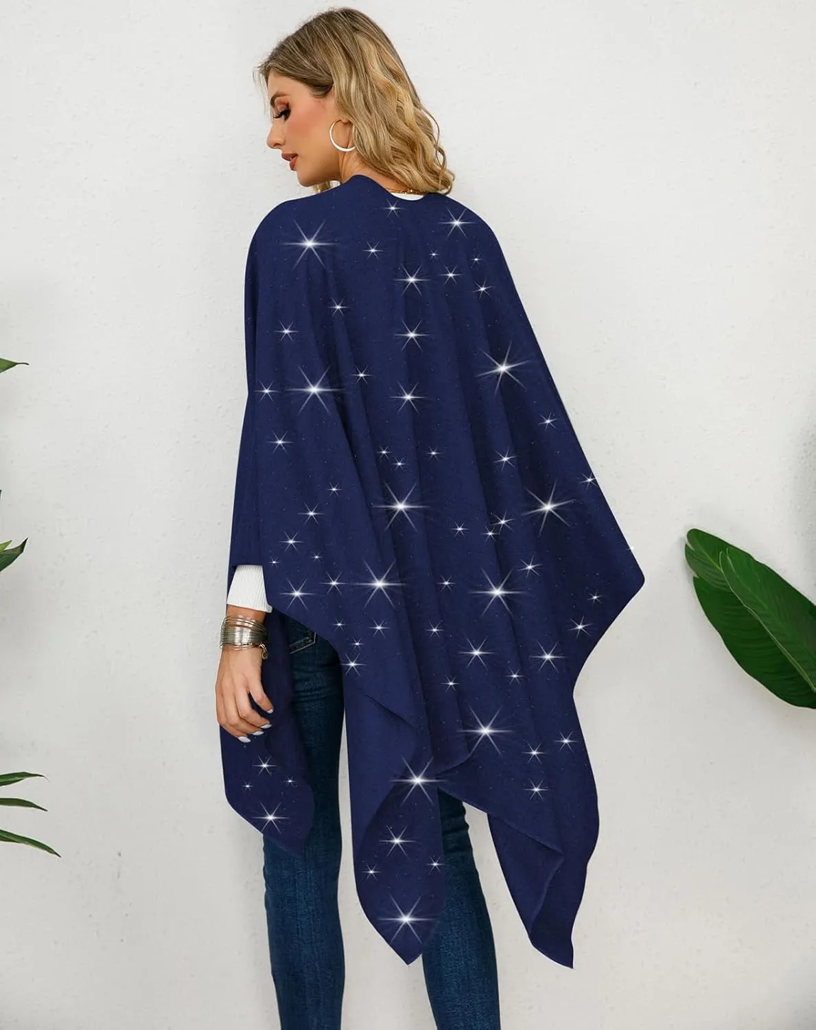 REEMONDE Womens Rhinestones Open Front Poncho Shawl Wrap Cape Ruana Travel Blanket Cardigan