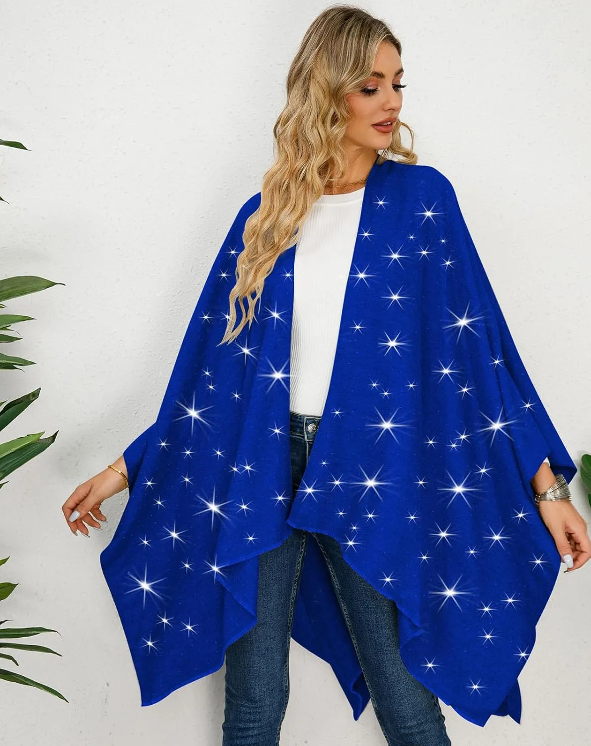 REEMONDE Womens Rhinestones Open Front Poncho Shawl Wrap Cape Ruana Travel Blanket Cardigan