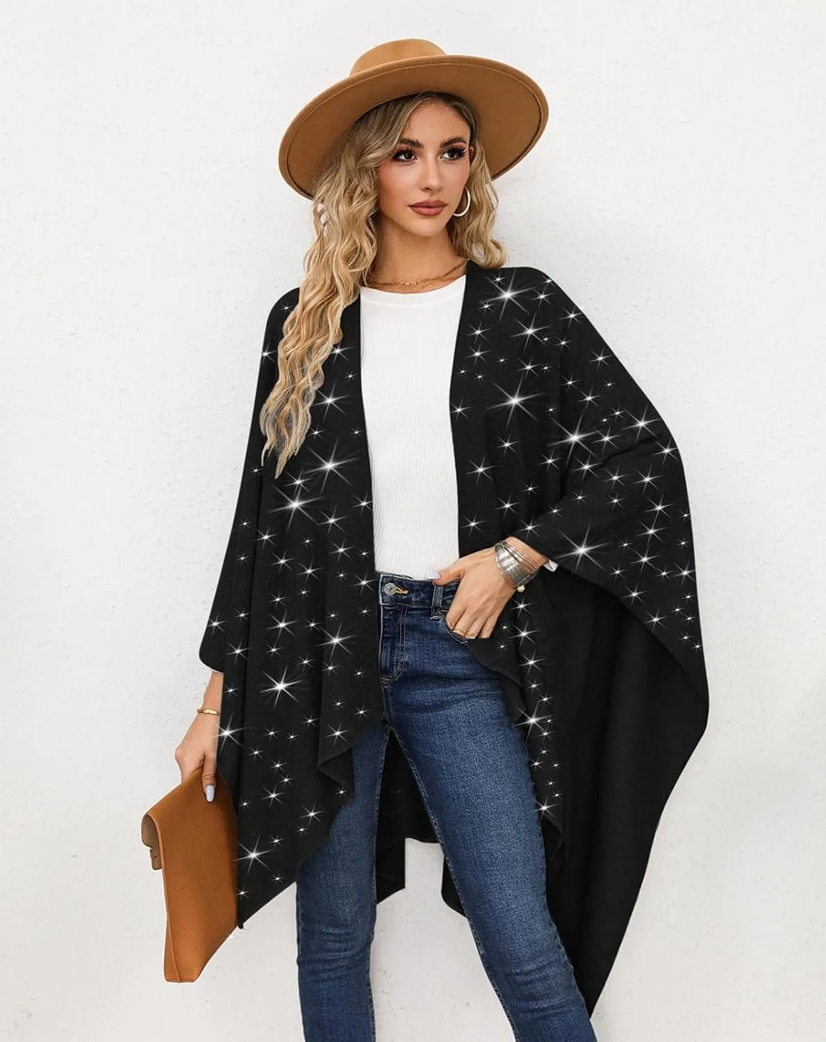 REEMONDE Womens Rhinestones Open Front Poncho Shawl Wrap Cape Ruana Travel Blanket Cardigan