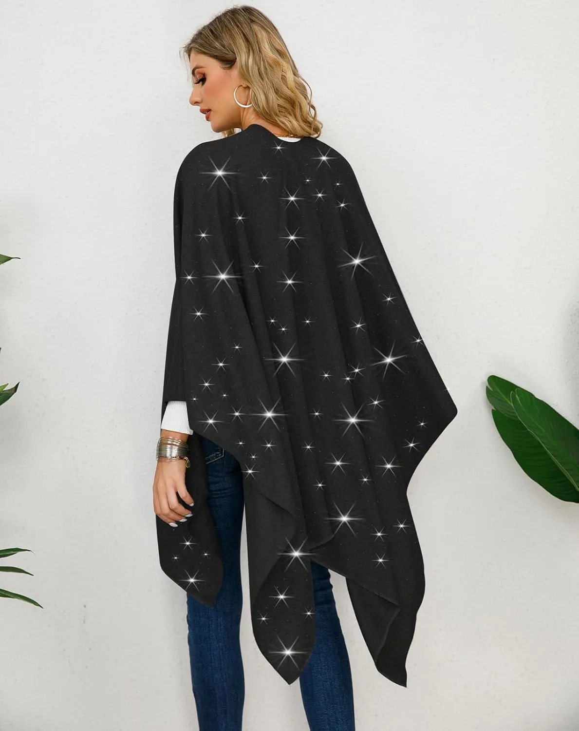 REEMONDE Womens Rhinestones Open Front Poncho Shawl Wrap Cape Ruana Travel Blanket Cardigan