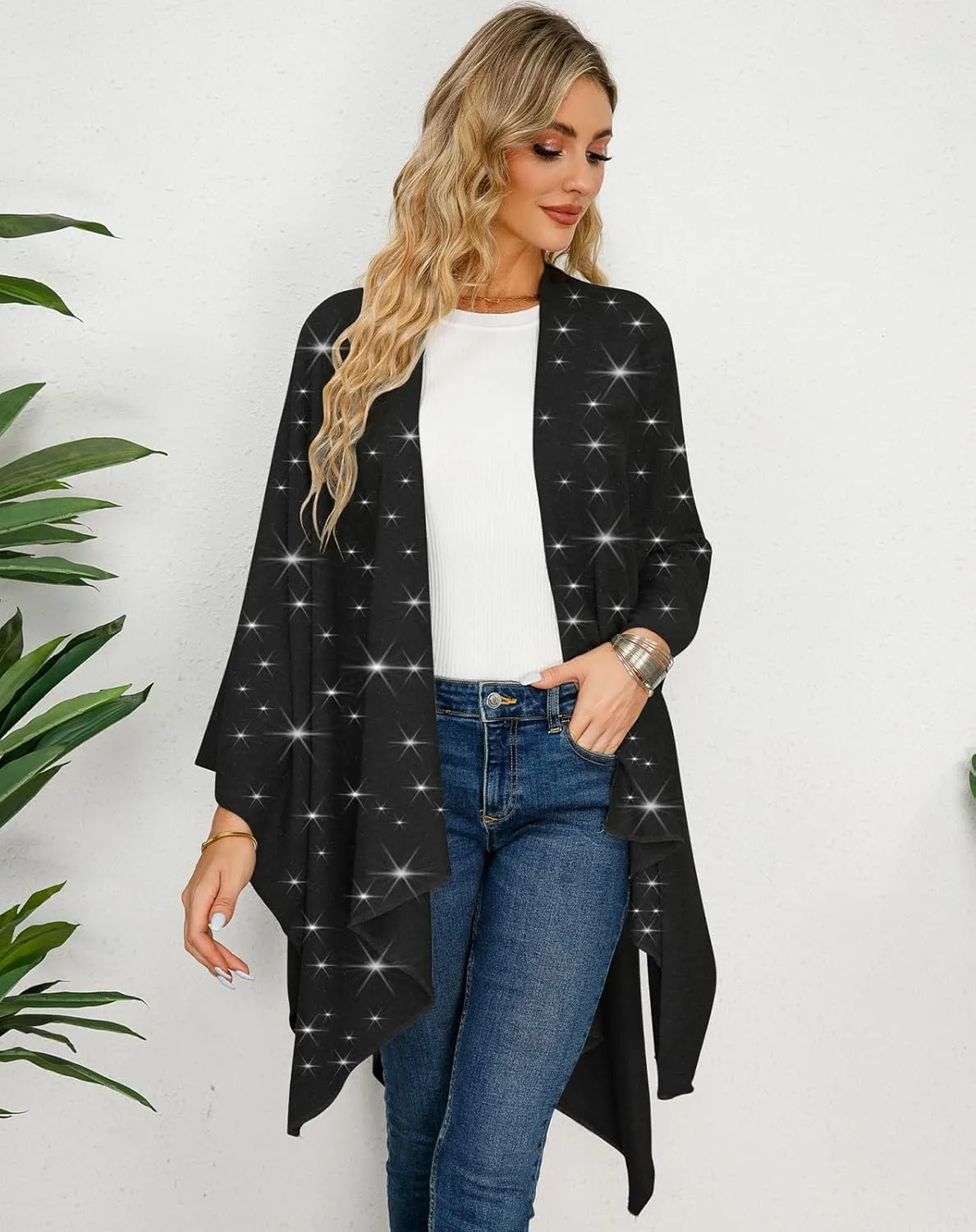 REEMONDE Womens Rhinestones Open Front Poncho Shawl Wrap Cape Ruana Travel Blanket Cardigan