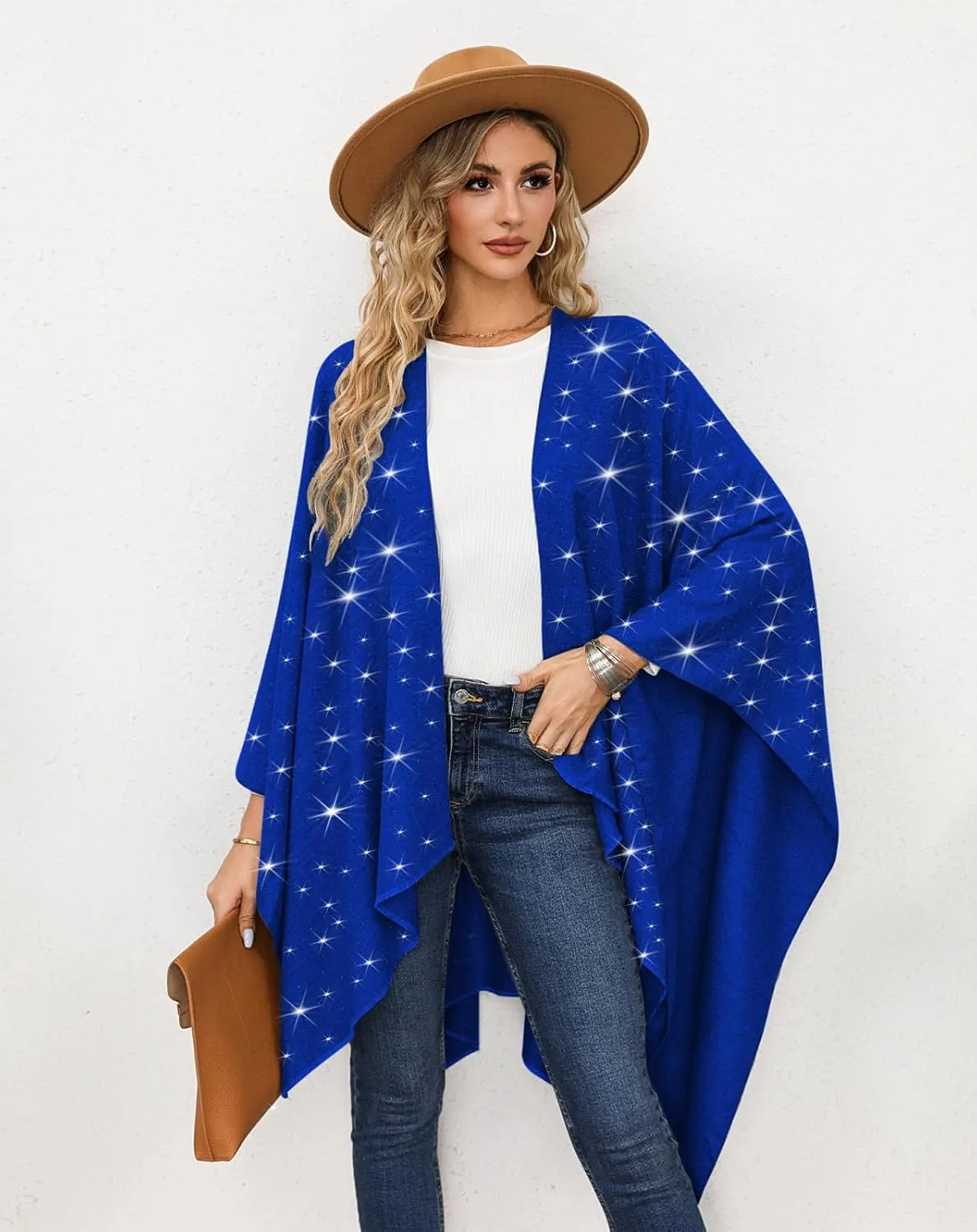 REEMONDE Womens Rhinestones Open Front Poncho Shawl Wrap Cape Ruana Travel Blanket Cardigan