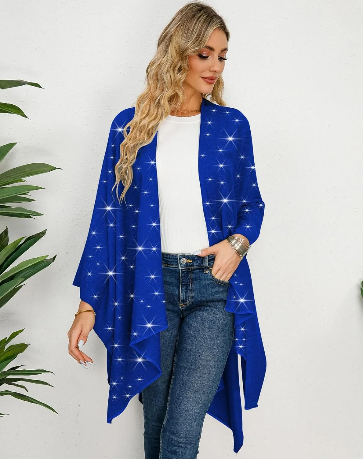 REEMONDE Womens Rhinestones Open Front Poncho Shawl Wrap Cape Ruana Travel Blanket Cardigan