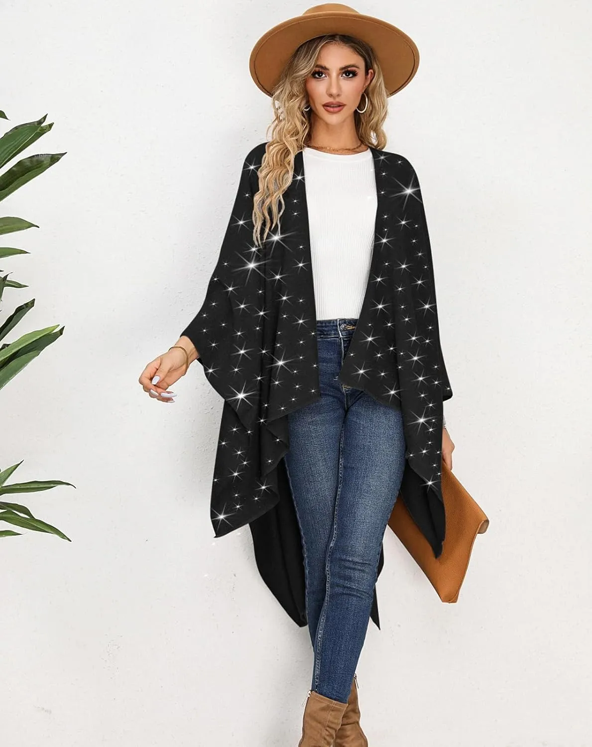 REEMONDE Womens Rhinestones Open Front Poncho Shawl Wrap Cape Ruana Travel Blanket Cardigan
