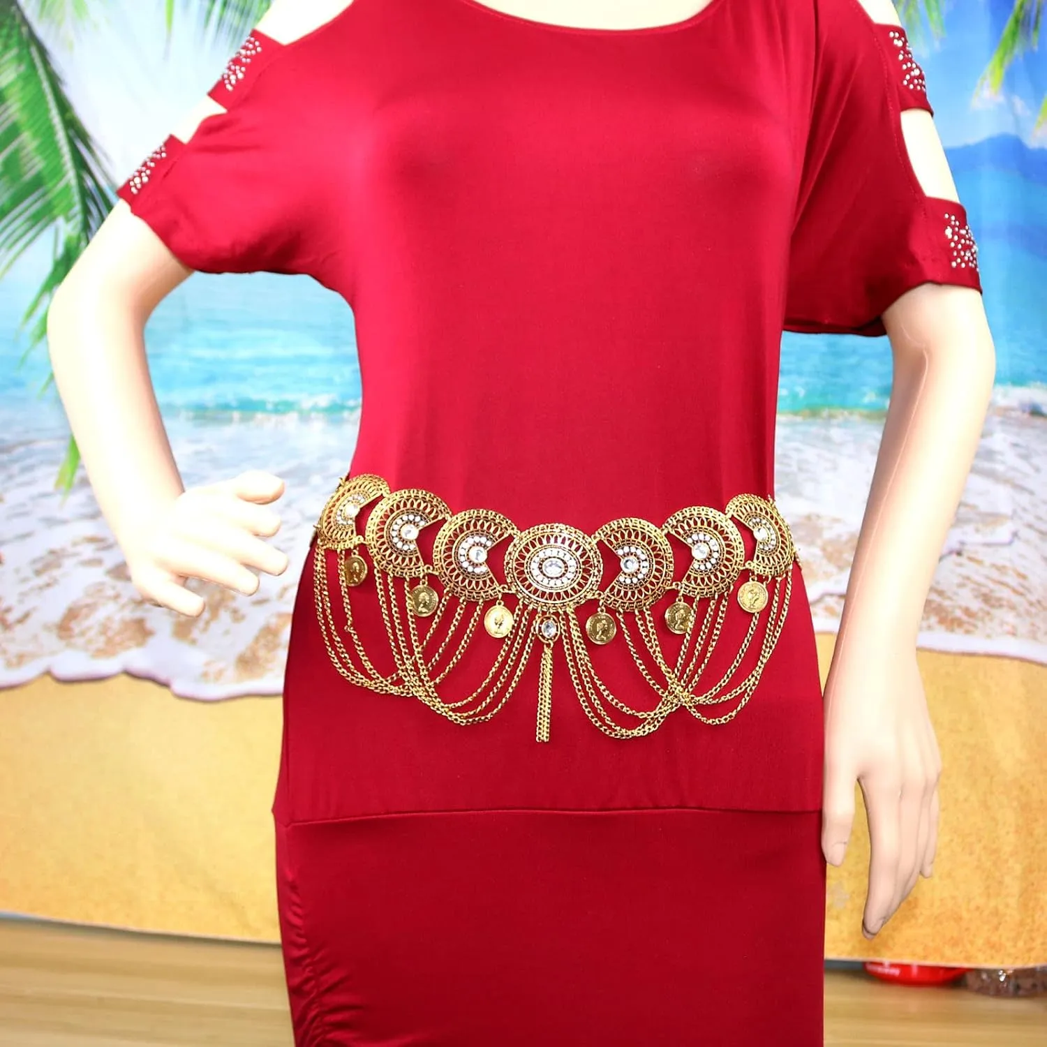 Retro Coin Tassels Pendant Belly Dance Body Chain Waist Chains Adjustable Gypsy Carving Beach Belt Body Jewelry Accessory for Women Girls