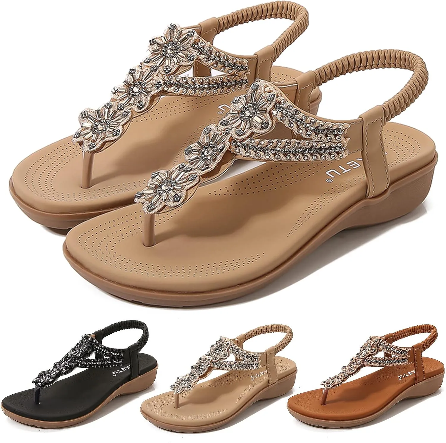 Sandals for Women Dressy Summer Beach Sandals Comfortable Bohemian Flats Sandal Elastic Ankle Strap Shoes