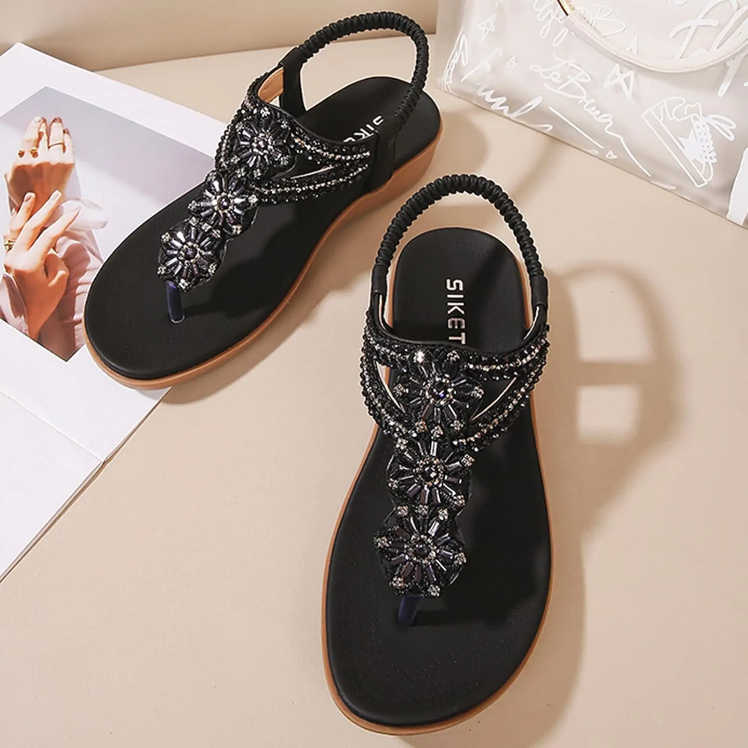Sandals for Women Dressy Summer Beach Sandals Comfortable Bohemian Flats Sandal Elastic Ankle Strap Shoes