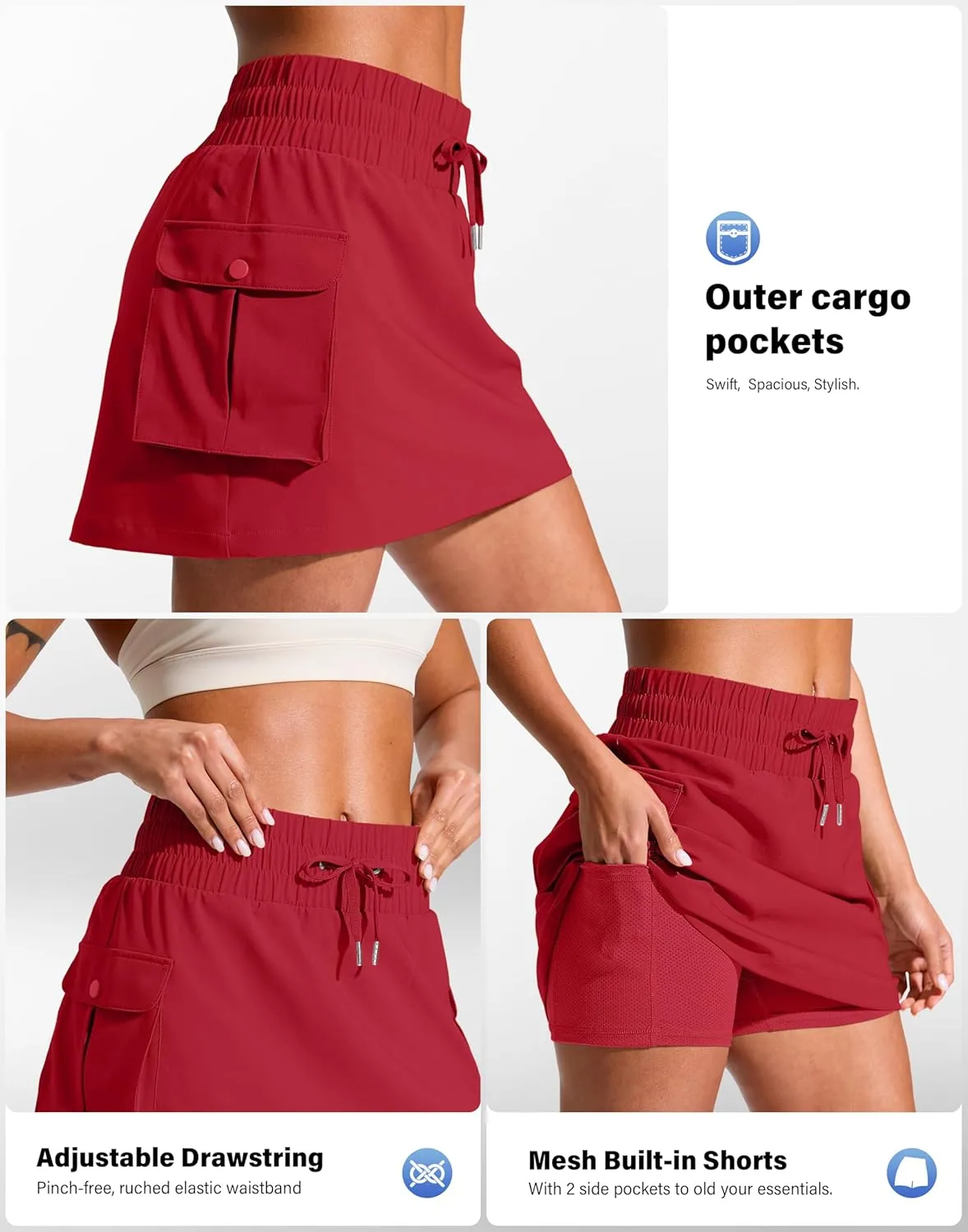 SANTINY 14" Cargo Skorts for Women with 4 Pockets Drawstring High Waisted Golf Hiking Skirt for Casual Summer Travel
