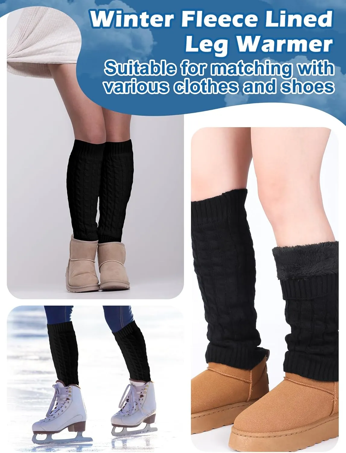 Shihanee Winter Fleece Lined Leg Warmers for Women Knit Long Leg Warmers Warm Fleece Lined Boot Socks for Skating Daily Wear