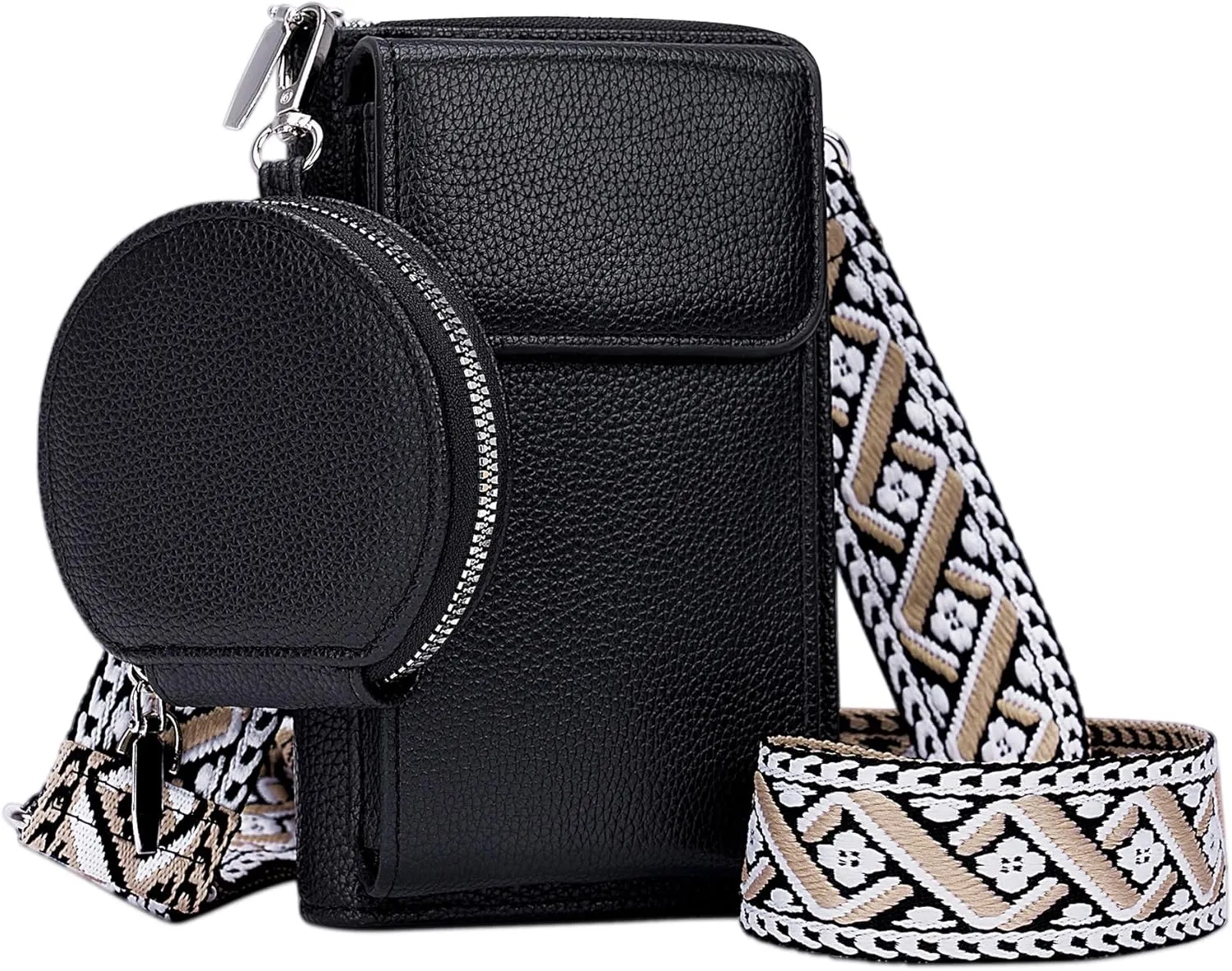 Small Crossbody Bags for Women, Cell Phone Purse with Mini Coin Bag, Vegan Leather Black Purse Wallet with Credit Card Slots, Detachable Wide Boho Strap Shoulder Bag for Travel Shopping Dating