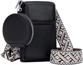 Small Crossbody Bags for Women, Cell Phone Purse with Mini Coin Bag, Vegan Leather Black Purse Wallet with Credit Card Slots, Detachable Wide Boho Strap Shoulder Bag for Travel Shopping Dating